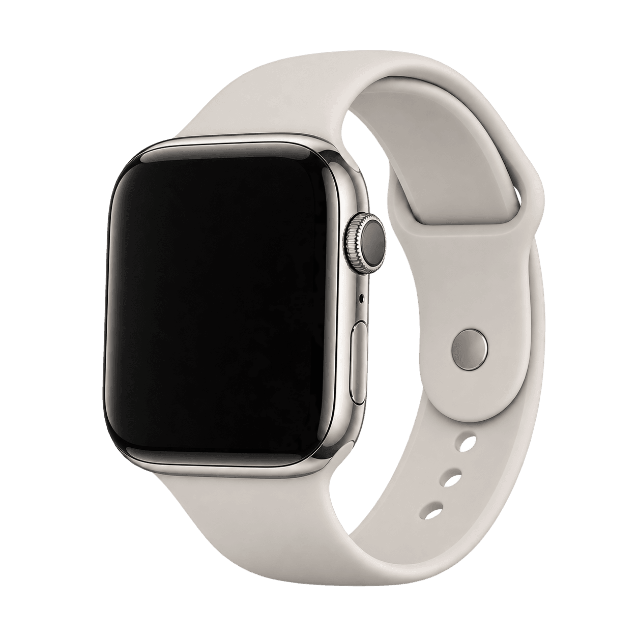 Imagen editorial generada de un Apple Watch plateado con correa clara y pantalla apagada.