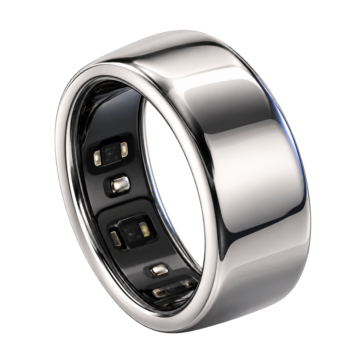 Imagen editorial generada de un anillo inteligente Oura plateado.