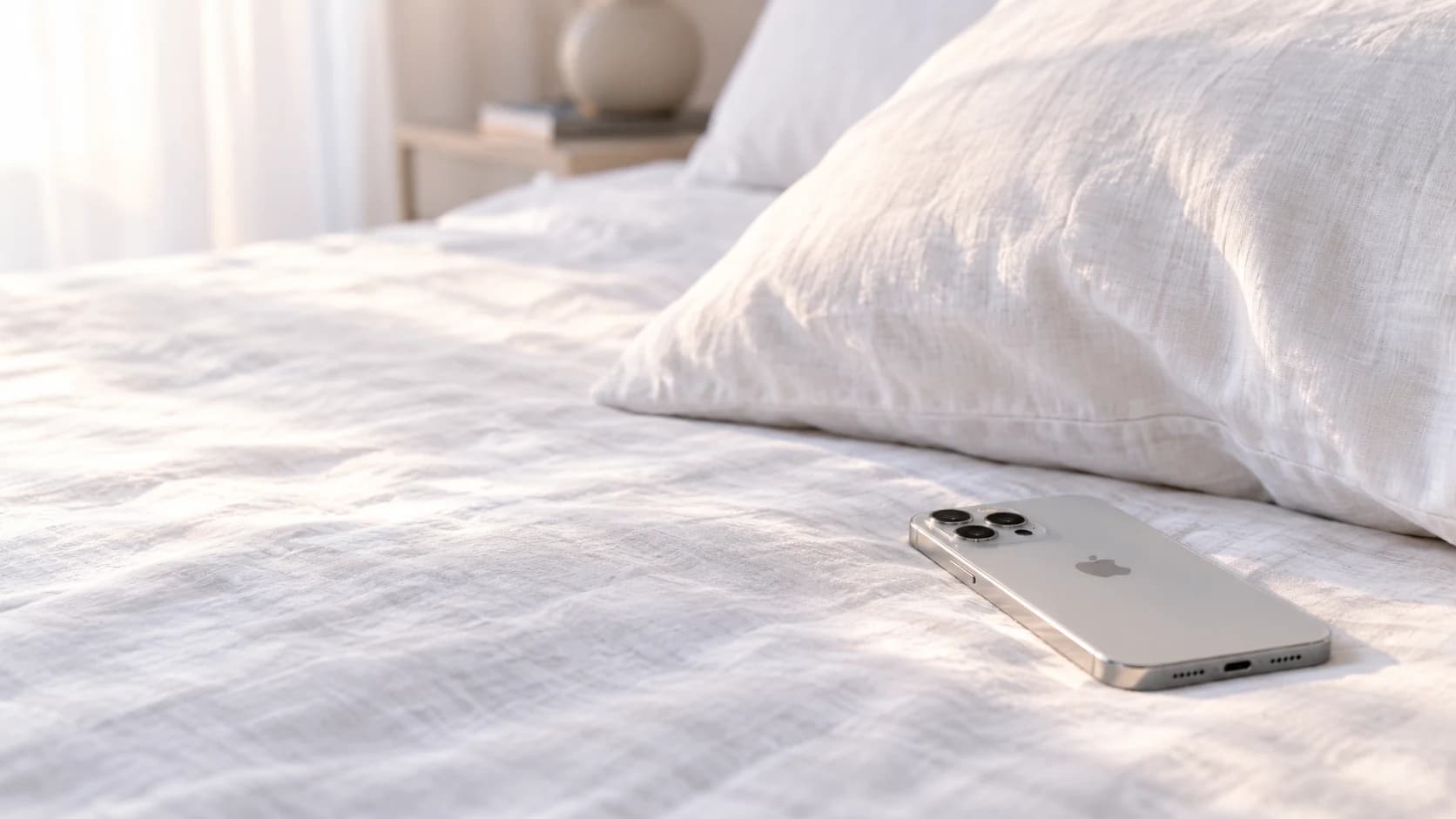 Fotografía editorial generada de un iPhone plateado descubierto junto a una almohada sobre una cama de lino blanco.