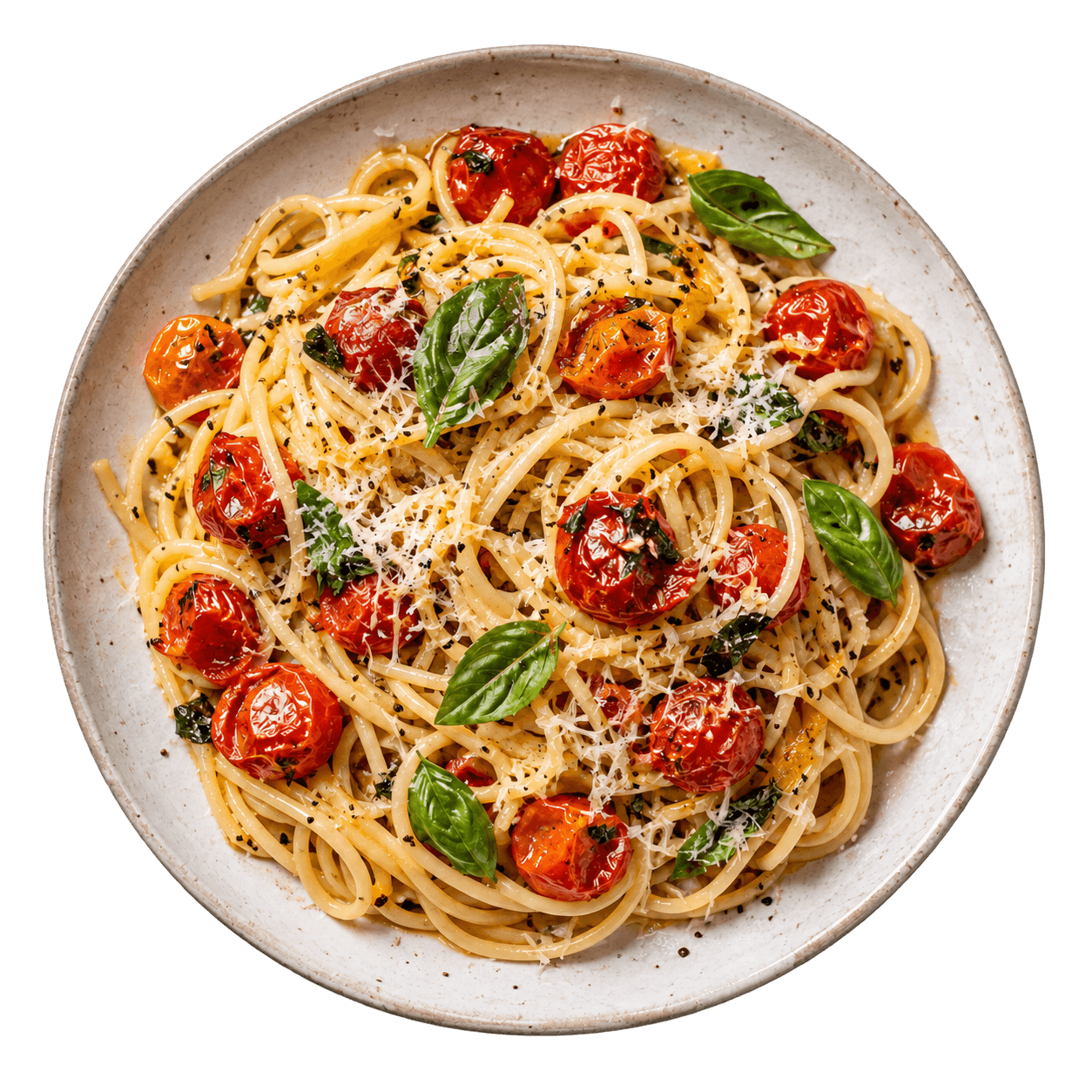 Fotografía editorial generada de spaghetti con tomates, albahaca y queso en un plato de cerámica.