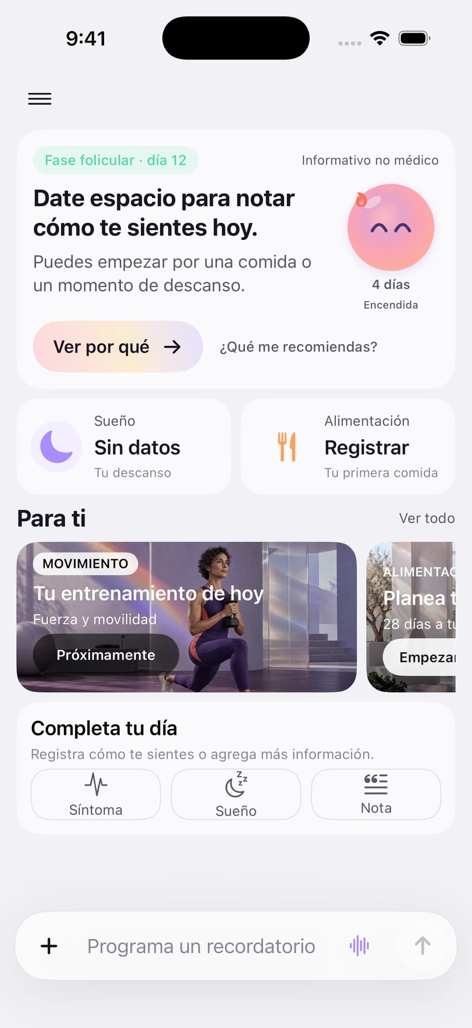 Pantalla actual de Lua Care: insight del día, sueño, alimentación y campo de conversación.